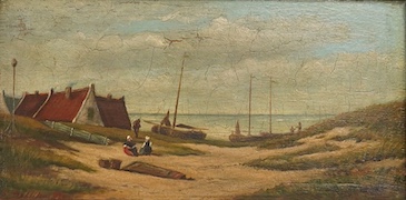 19th century, Dutch School, Coastal view with figures, indistinctly signed lower left, oil on panel, 14.5 x 29cm